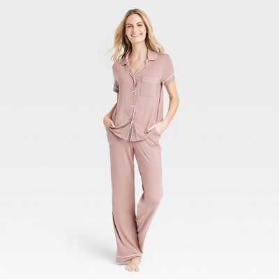Women's Beautifully Soft Short Sleeve Notch Collar Top and Pants Pajama Set - Stars Above™ Rose Pink L