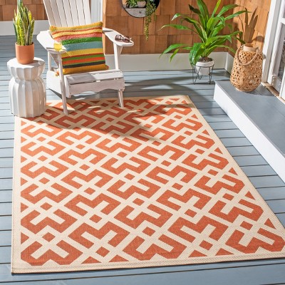 Terracotta and Bone Geometric Square Indoor/Outdoor Rug