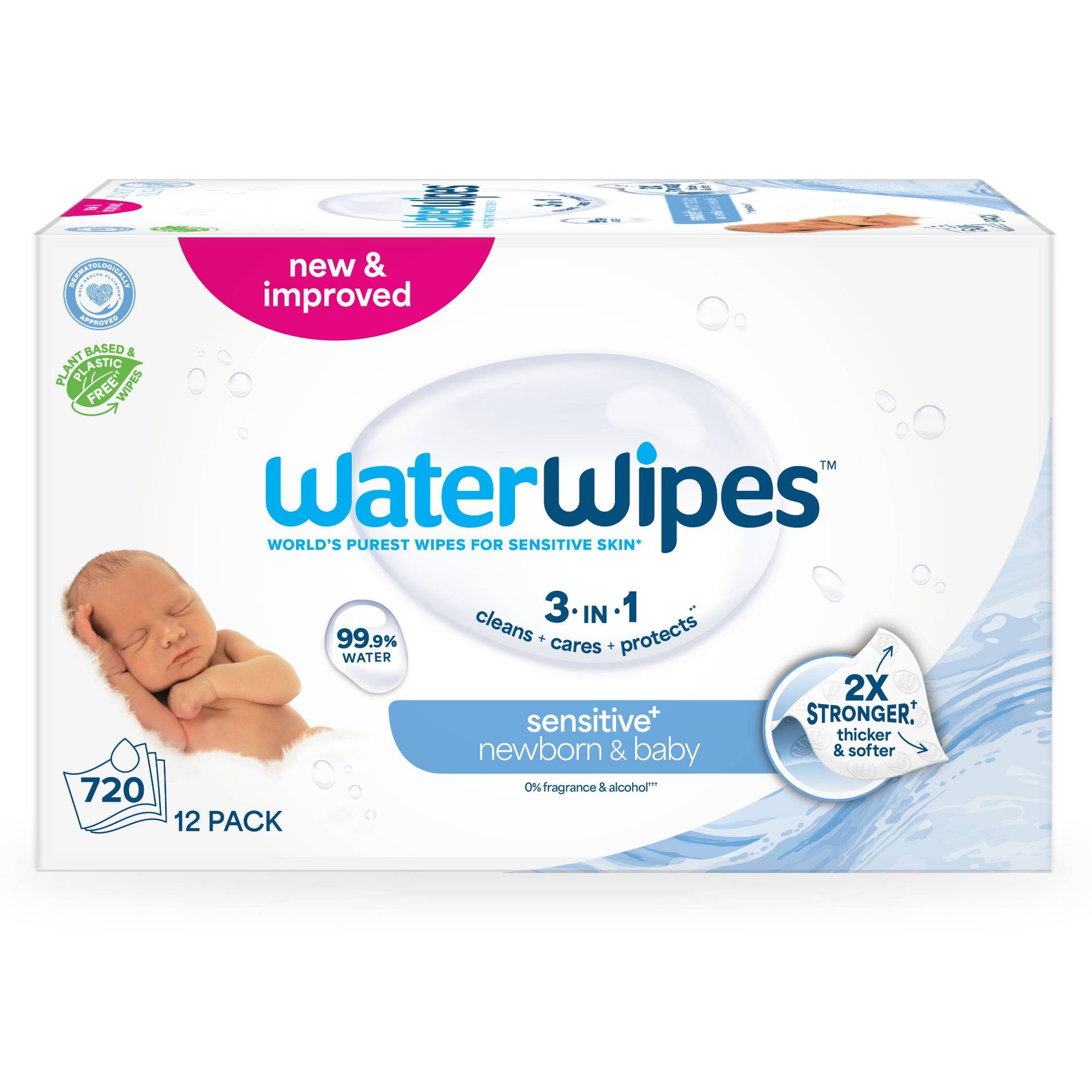 WaterWipes Sensitive+ Newborn & Baby Wipes, 3-In-1 Cleans, Cares, Protects, 99.9% Water, Unscented & Hypoallergenic - 720ct