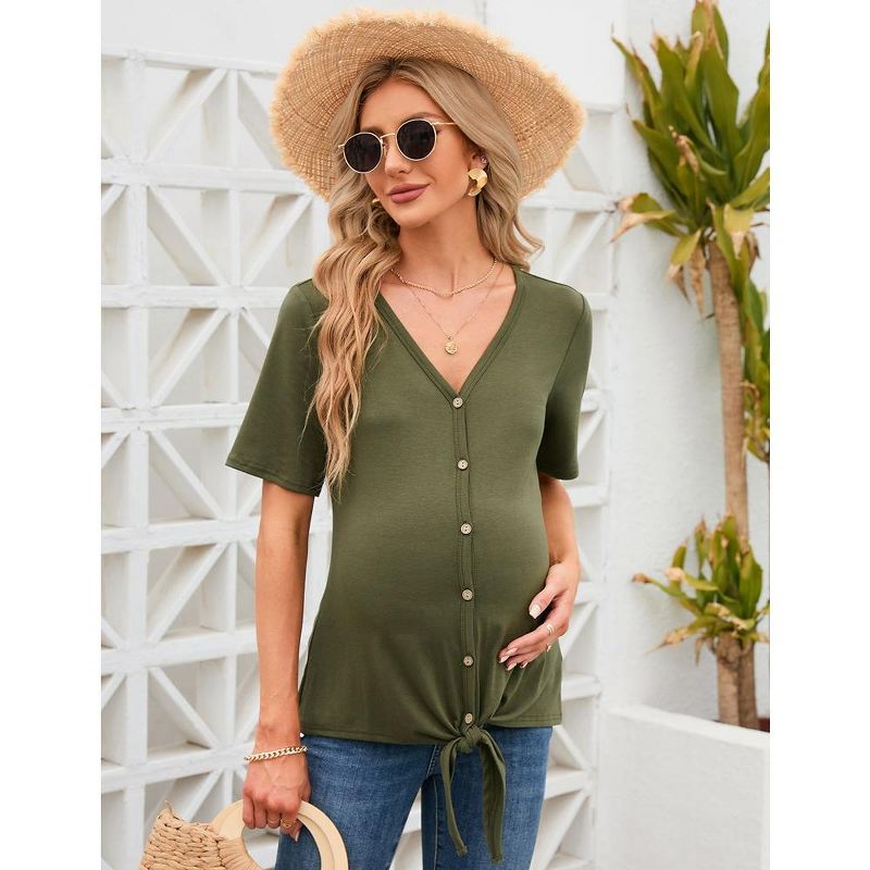 Maternity Short Sleeve T-Shirt Casual Button Down V Neck Nursing Tops Loose Breastfeeding Blouses, 4 of 8