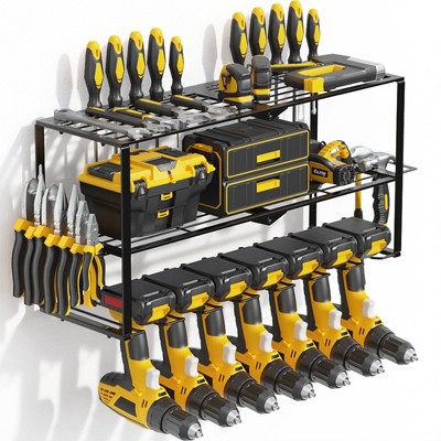 Angel Sar 3-Tier Heavy Duty Metal Wall Mount Power Tool Organizer with 7 Drill Holders, Tool Organizer with 30° Angled Slope Design