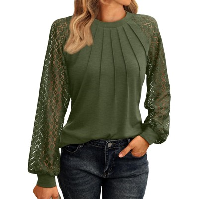 Lace Long Sleeve Tops For Women Crewneck Shirts Casual Dressy Blouses Y2K Fall Tunic Tops