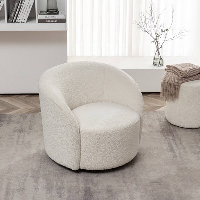 Cream Upholstered Swivel Barrel Accent Chair with Wood Frame