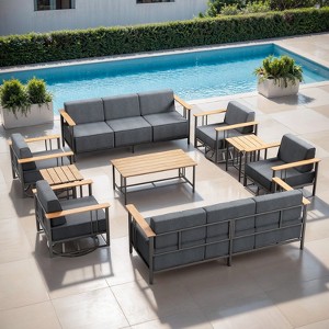 Belord Outdoor Furniture Patio Set with Swivel Chair, 9PCS All Weather Patio Furniture Set with 10" Cushion Sofa and 6" Cushion Swivel Chair - 1 of 4