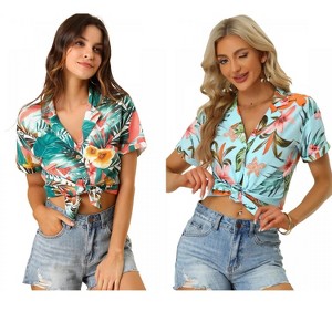 Allegra K Women's Hawaiian Floral Leaves Printed Short Sleeve Button Down Vintage Shirt 2 Pcs - 1 of 4