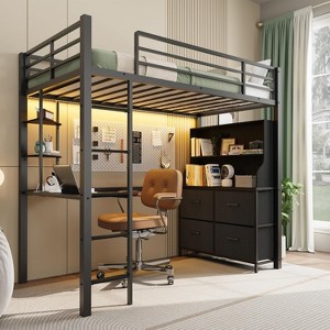 Twin Loft Bed with Desk, LED Lights, Power Outlets, 4 Fabric Drawers, Shelves, Metal Frame, Guardrails & Ladder, No Box Spring Needed - 1 of 4