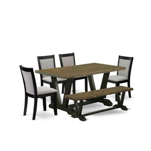 HomeStock 6-Piece Distressed Jacobean Finish Solid Wood Top Dining Table with 1-Bench, 4 Upholstered-Chairs - 1 of 4