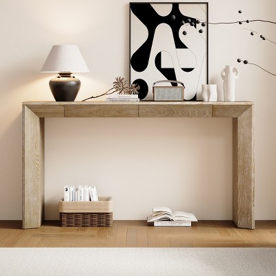 60" Modern Farmhouse Console Table with Waterfall Edge & 2 Drawers,Rustic Entryway Table for Living Room or Hallway-Baofuwish