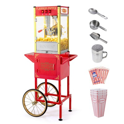 ROVSUN Popcorn Machine with Cart, Wheels and 8 Oz Kettle Makes Up to 32 Cups, Popcorn Maker with Stainless Steel Scoop, Oil Spoon and 3 Popcorn Cups