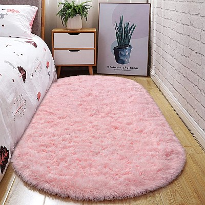 Oval Fluffy Rug for Bedroom Plush Pile Rug for Kids Room Bedside Nursery Mat 2.6ft x 5.3ft Pink