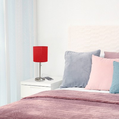 Brushed Steel Table Lamp with Red Fabric Drum Shade and USB Port