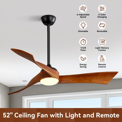 52 inch Solid Wood Ceiling Fan with Lights and Remote Low Profile Outdoor Indoor Modern 3 Blade Ceiling Fan for Living Room Bedroom Farmhouse Patio