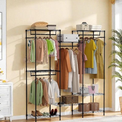 Heavy Duty Portable Closet Wardrobe - 68.9" L x 15.7" W x 76.4" H, 4 Hanging Rods, 8 Shelves & 8 Hooks, Adjustable Freestanding Clothing Rack, Black