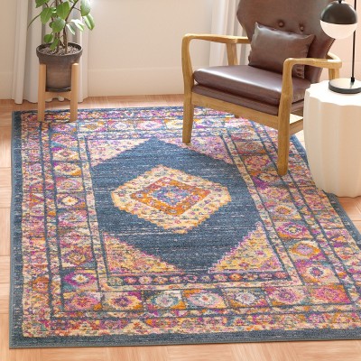 Blue and Fuchsia Square Bohemian Synthetic Area Rug