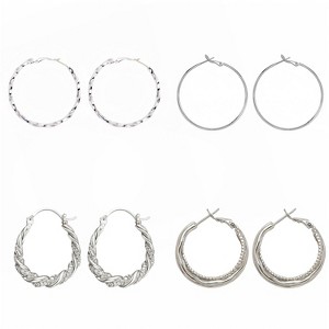 4-Pair Women's Silver-Tone Hoop Earrings Set, Minimalist Twisted & Multi-Designs, Stylish for Women - 1 of 4