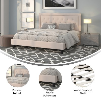 Modern Beige King Size Tufted Upholstered Platform Bed with Slats