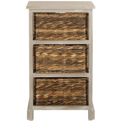 Transitional Brown Pine Wood Rectangular Side Table with 3 Wicker Baskets