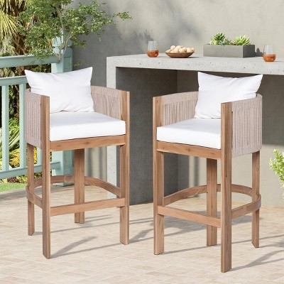 Outdoor Rope Woven Barstools Set Of 2,Fabric Upholstered Bar Stools with Acacia Wood Frame,Wooden Patio Armrests Barstools-Coolbibila