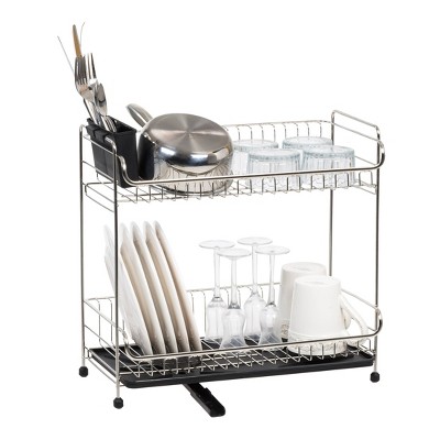 IRIS Stainless Steel 2-Tier Compact Dish Rack with Black Tray