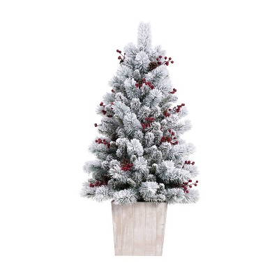 4ft Pre-Lit Flocked Ashcroft Fir Potted Artificial Christmas Tree - Haute Décor: Indoor Decor, Incandescent Lights