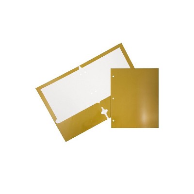 JAM Paper Laminated Glossy 3 Hole Punch Two-Pocket School Folders Gold 385GHPGOD