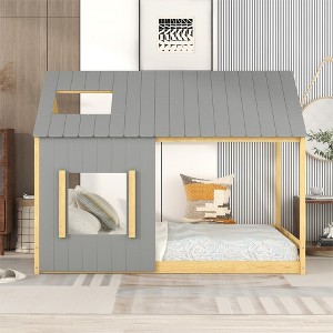 Full Bed With Roof Window, Bed Frame , Sturdy Construction Slatted Support, No Box Spring Required, Platform Bed For Boys Girls Teens Bedroom - 1 of 4
