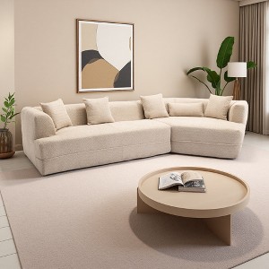 128" Round Fiber Boucle L-Shaped Modular Sectional Sofa, 3-Seater, 5 Pillows - 1 of 4