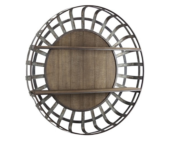 35.5" Decorative Round Wood And Metal Wall Shelf Brown - E2 Concepts