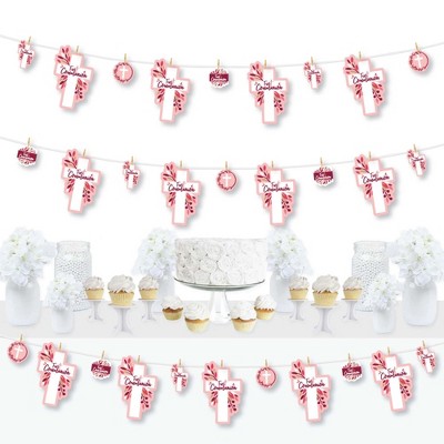 Big Dot of Happiness First Communion Pink Elegant Cross - Girl Religious Party DIY Decorations - Clothespin Garland Banner - 44 Pieces