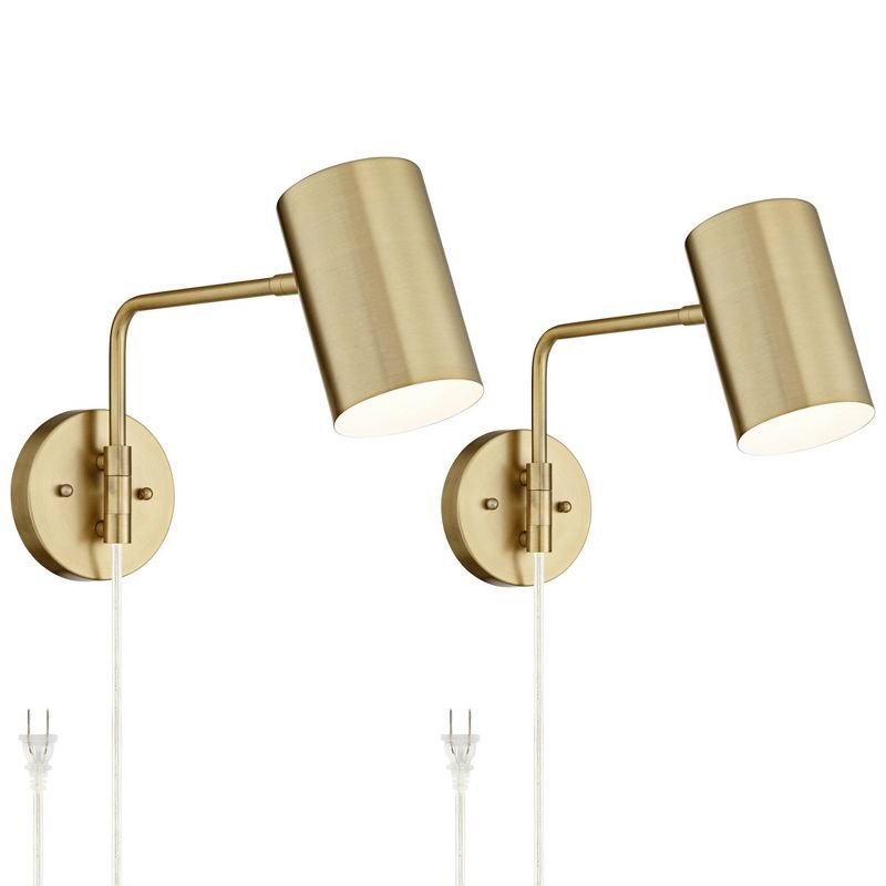 360 Lighting Carla Modern Swing Arm Wall Lamps Set of 2 Brushed Brass Plug-in Light Fixture Up Down Cylinder Shade for Bedroom Bedside Living Room, 1 of 10