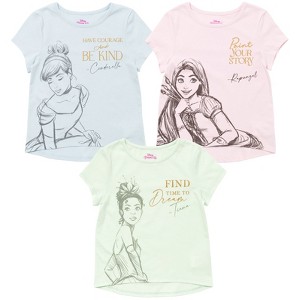 Disney Princess Ariel Cinderella Tiana Moana Jasmine Belle Girls 3 Pack T-Shirts Toddler to Big Kid - 1 of 4