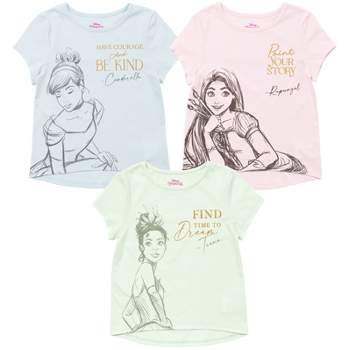 Disney Princess Ariel Cinderella Tiana Moana Jasmine Belle Girls 3 Pack T-Shirts Toddler to Big Kid 