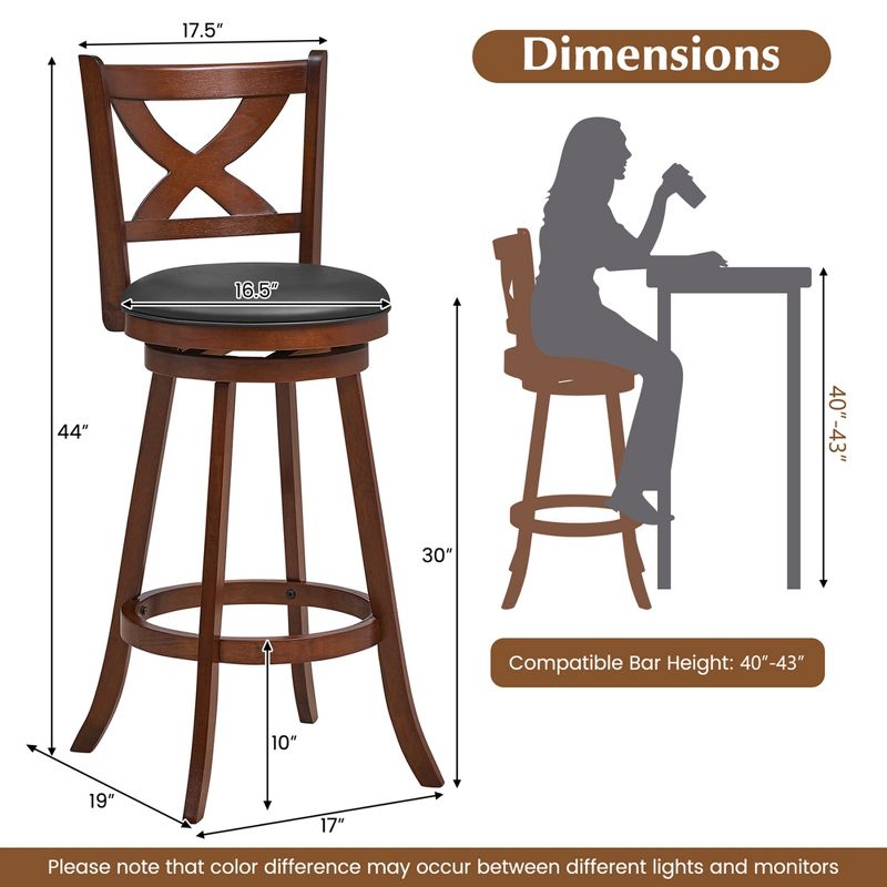 Costway Set of 2 Bar Stools  Classic Counter Height Swivel Chairs for Kitchen Pub, 3 of 9