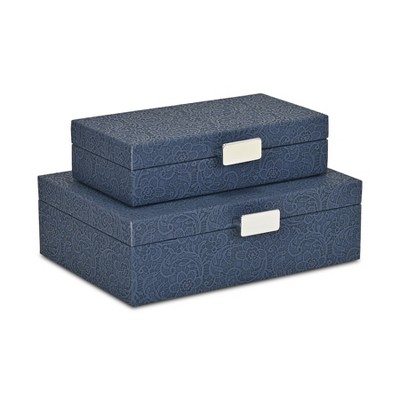 Cheung's Vyrna Doily Pattern Set of 2 Storage Boxes with Silver Handles - Blue