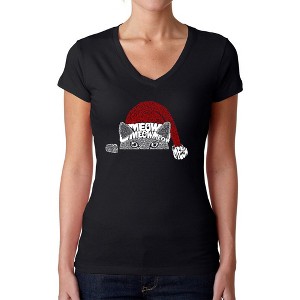 LA Pop Art Christmas Peeking Cat - Women's Word Art V-Neck T-Shirt - 1 of 4
