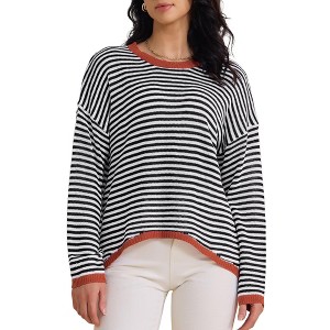 INSPIRE CHIC Women Striped Long Sleeve Drop Shoulder Curved Hem Pullover Top Sweater - 1 of 4