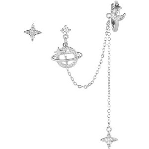Sterling Silver Star Moon Planet Ear Cuff - CZ Crawler Climber Chain, Hypoallergenic Clip-On, Cute Christmas Gift - 1 of 4