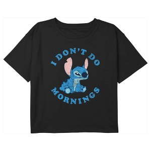 Girl's Lilo & Stitch I Don't Do Mornings Stitch Distressed Crop T-Shirt - 1 of 3