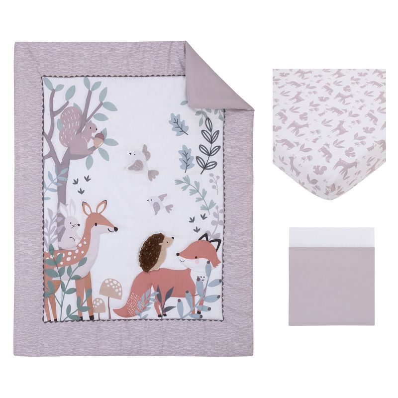 Little Love by NoJo Woodland Meadow Taupe, Sage, and White Deer, Fox, and Hedgehog 3 Piece Nursery Crib Bedding Set, 5 of 9