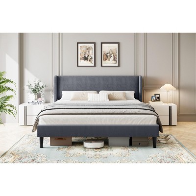 Queen Bed Frame with Headboard, Modern Upholstered Platform Bed in Linen Fabric, Mattress Foundation