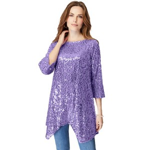 Roaman's Women's Plus Size Handkerchief Hem Sequin Tunic - 1 of 4