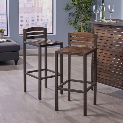Coolbibila Outdoor Acacia Wood Bar Stools Set of 2,Modern Industrial Style Iron Frame Bar Stool,Acacia barstool with Slatted Design Seat