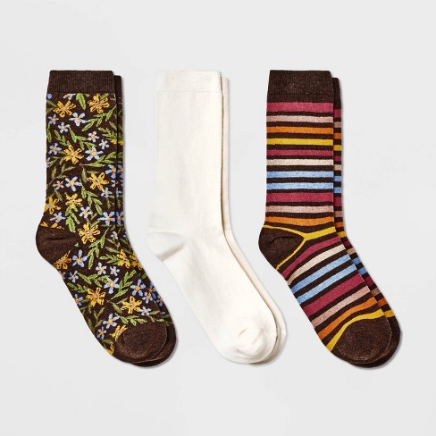 Women's Floral Print 3pk Crew Socks - A New Day™ Brown/Ivory 4-10