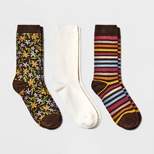 Women's Floral 3pk Crew Socks - A New Day™ Brown/Ivory 4-10