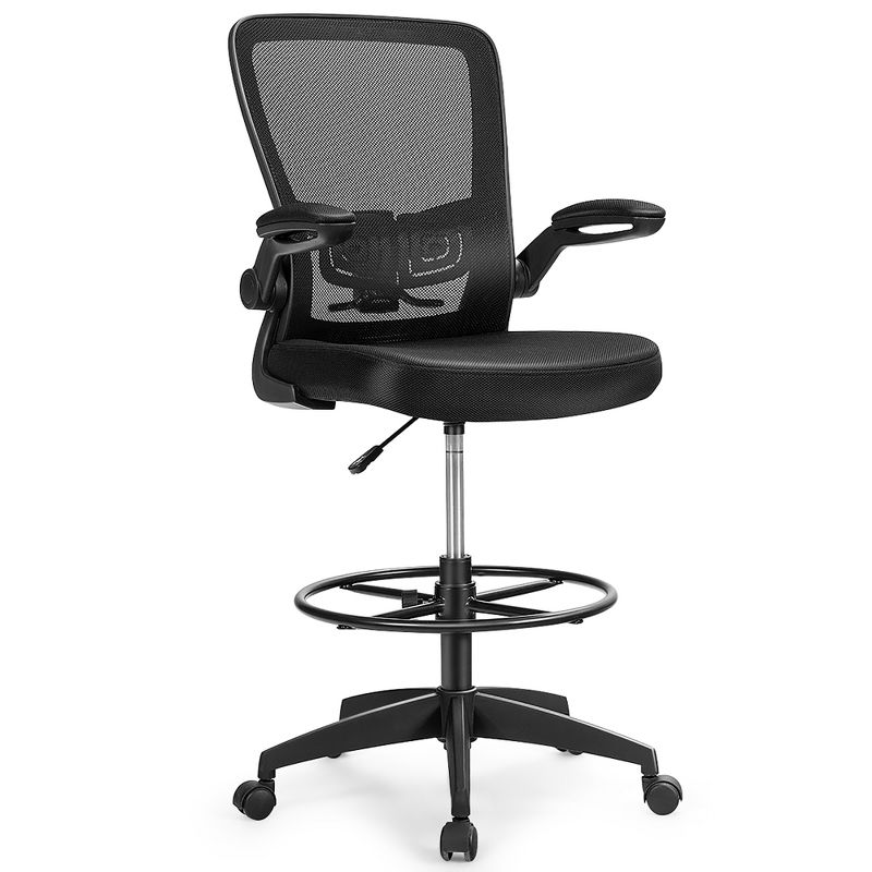 Costway Adjustable Swivel Drafting Chair with Flip-Up Armrests Adjustable Lumbar Support Black&White/Black, 1 of 11