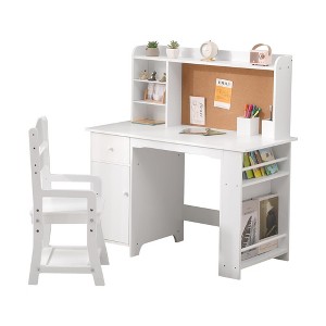 Kids Desk, Study Desk and Chair Set for Boys and Girl, Wooden Kids Writing Table with Bookshelf, Bulletin Board, Cabinet and Drawer - 1 of 4