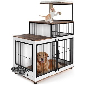 Dog Crate Furniture with Cat Tower, Large Wooden Pet Cage with Adjustable Bowls, Multi-Level Cat Climbing & Storage Shelves - 1 of 4