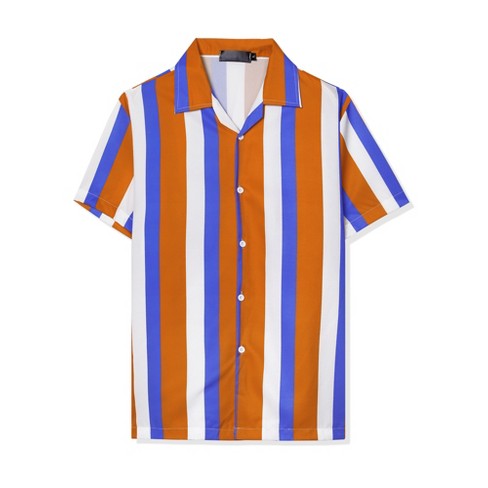 Lars Amadeus Men's Summer Irregular Stripe Printed Short Sleeves Button  Down Contrasting Colors Shirts Orange Blue Medium