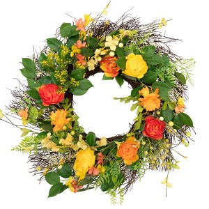 Northlight Ranunculus and Rose Floral Spring Wreath, Orange and Yellow 20" - 1 of 4