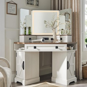 SinCiDo 48" Farmhouse Corner Vanity Desk, w/ 3 Way Mirror & Lights, Charging Station, Glass Tabletop, 3 Drawers and 2 Lockers, Bedroom Dressing Table - 1 of 4